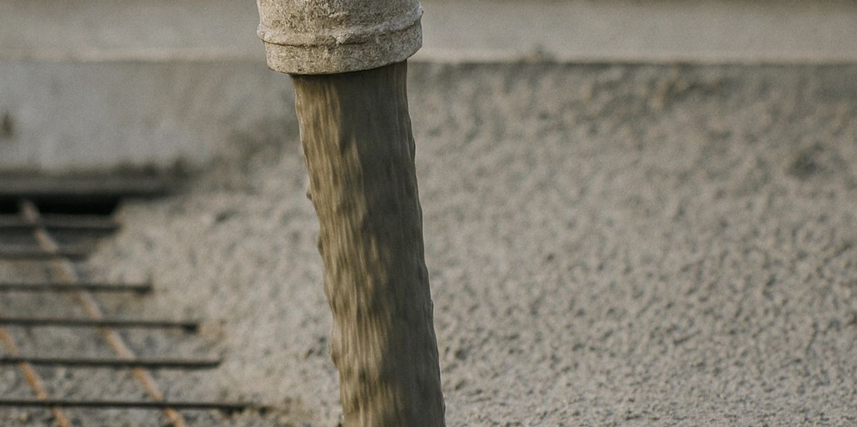 Coulée de béton sur treillis d’acier – tuyau de pompe déposant le mélange pour une dalle.