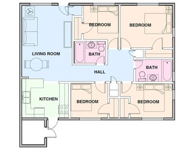 Floor plan of a four-bedroom apartment with living room, kitchen, hall, and two bathrooms.