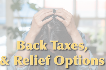 Stressed woman overwhelmed by back taxes and relief options.