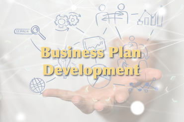 Concept of business plan development with hand and icons.