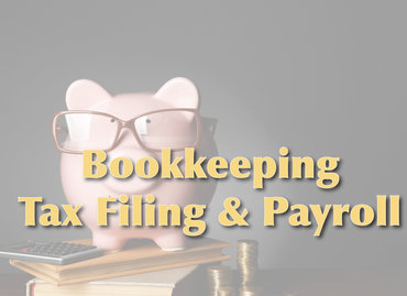 Piggy bank with glasses, books, coins, and calculator symbolizing bookkeeping and payroll.