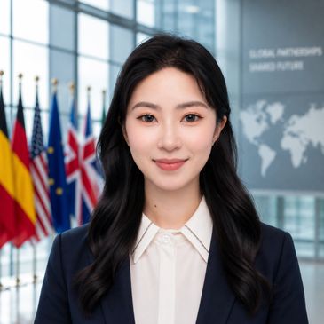 Professional woman standing in front of international flags.