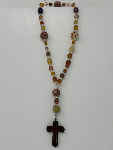 Protestant prayer beads, Soapstone beads, brown-tone, glass spacers, with wooden cross