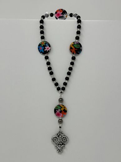 Protestant prayer beads, Floral discs, black acrylic beads, seed beads with ceramic floral medallion