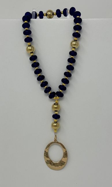 Protestant prayer beads, Blue discs, gold beads, gold fluted spacers, gold-tone open oval pendant