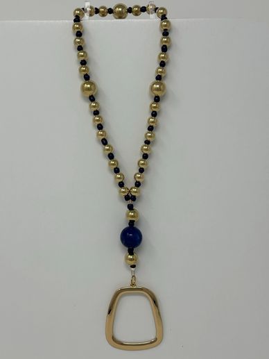 Protection prayer beads, Gold beads, blue bead, navy seed beads, with gold-tone open square pendant