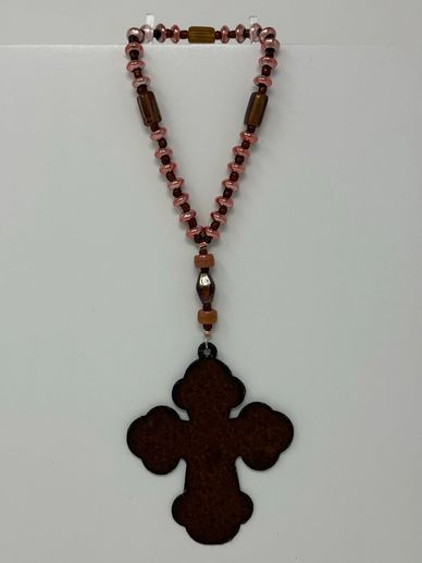 Protestant prayer beads, metal cross, copper-tone discs