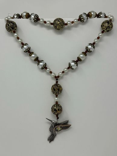 protestant prayer beads, Antique gold tone filagree beads, glass-pearls with enhancers,  brown glass