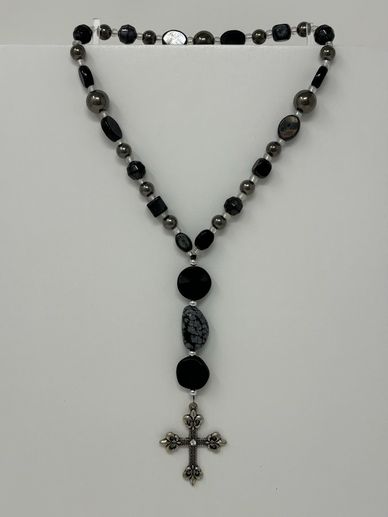 Protestant prayer beads, Black & gunmetal beads, black discs, black & gray stone, fleur de lis cross