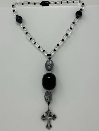 Protestant prayer beads, large black acrylic tube, black-gray ceramic, silver cross rhinestone
