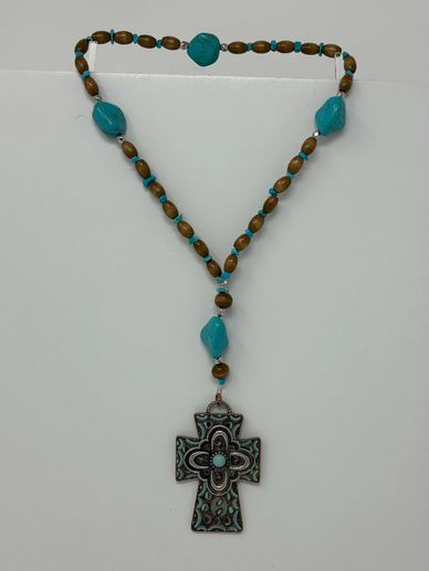 Protestant prayer beads, Turquoise-chunks, wooden ovals, turquoise chips, mixed metal stamped cross