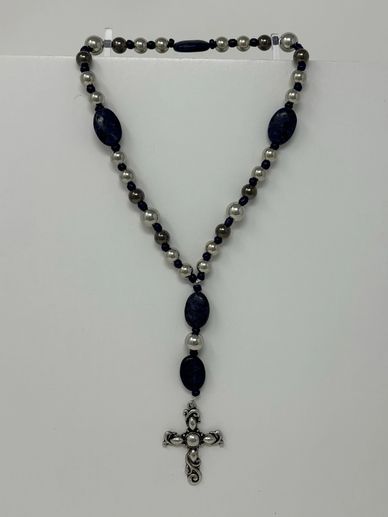 Protestant prayer beads, Sodalite oval beads, gunmetal/silver  beads, silver-tone inked cross
