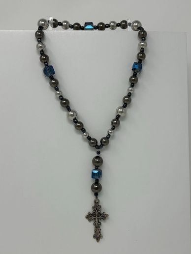 Protestant prayer beads, iridescent cube beads, gunmetal/silver beads, silver-tone floral cross