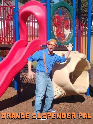 Orange Suspender Pal is ready to come to your Houston birthday party to dance & play theme games