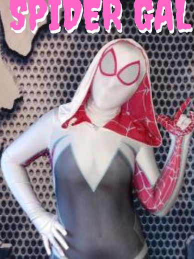 Spider gwen or ghost spider  from spiderverse  superhero character in Houston for a birthday party