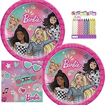 Barbie Party Supplies Pack Serves 16: Dessert Plates and Beverage Napkins with Birthday Candles