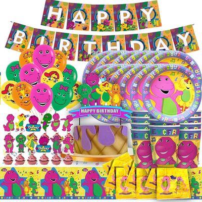 BARNEY  CUPS PLATES  CUPCAKE TOPPERS  LATEX BALLOONS  10FT SQUARE BANNER  NAPKINS   TABLE COVER