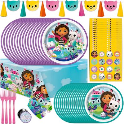 Gabby Doll House Party Supplies | Banner, Tablecover, Plates, Napkins, Button | Serves 16 Guests