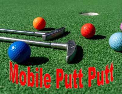 Putting green w/ 2 clubs & 5 balls with the words mobile putt putt for Houston birthdays & business
