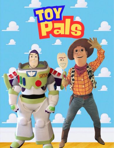 Mascot characters buzz and woody in front of cloud wall holding forky for birthday parties