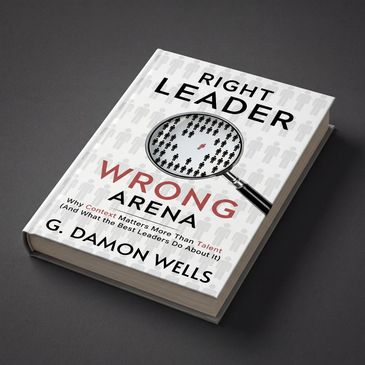 Book titled 'Right Leader Wrong Arena' by G. Damon Wells on leadership context.