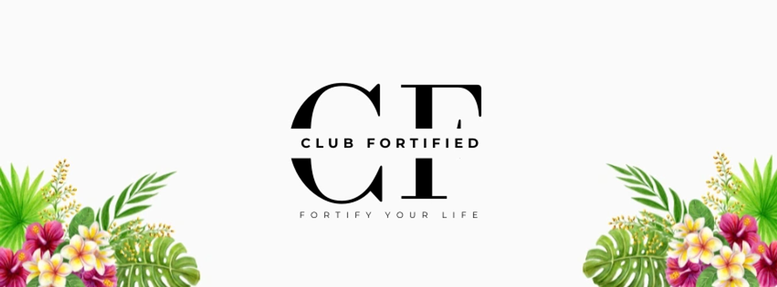 Elegant Club Fortified logo with tropical floral accents on a white background.