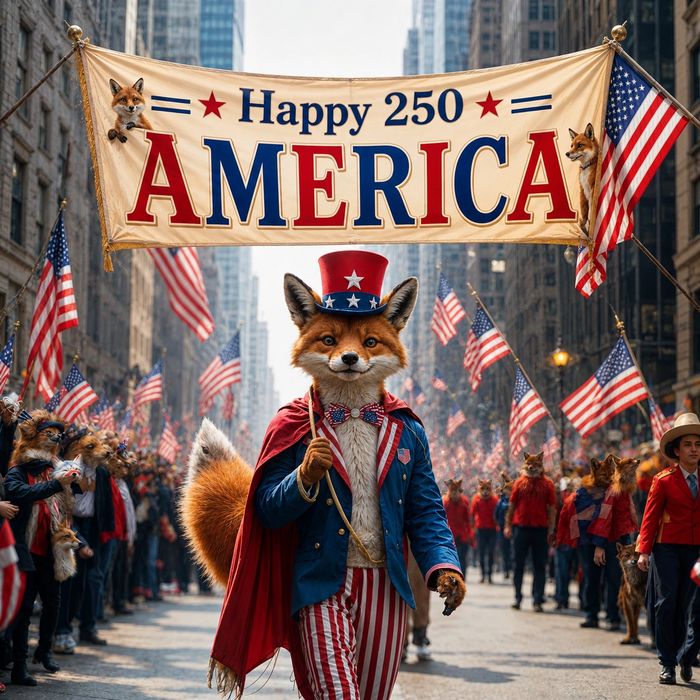 Happy 250 American dollars with cat wearing American flags
