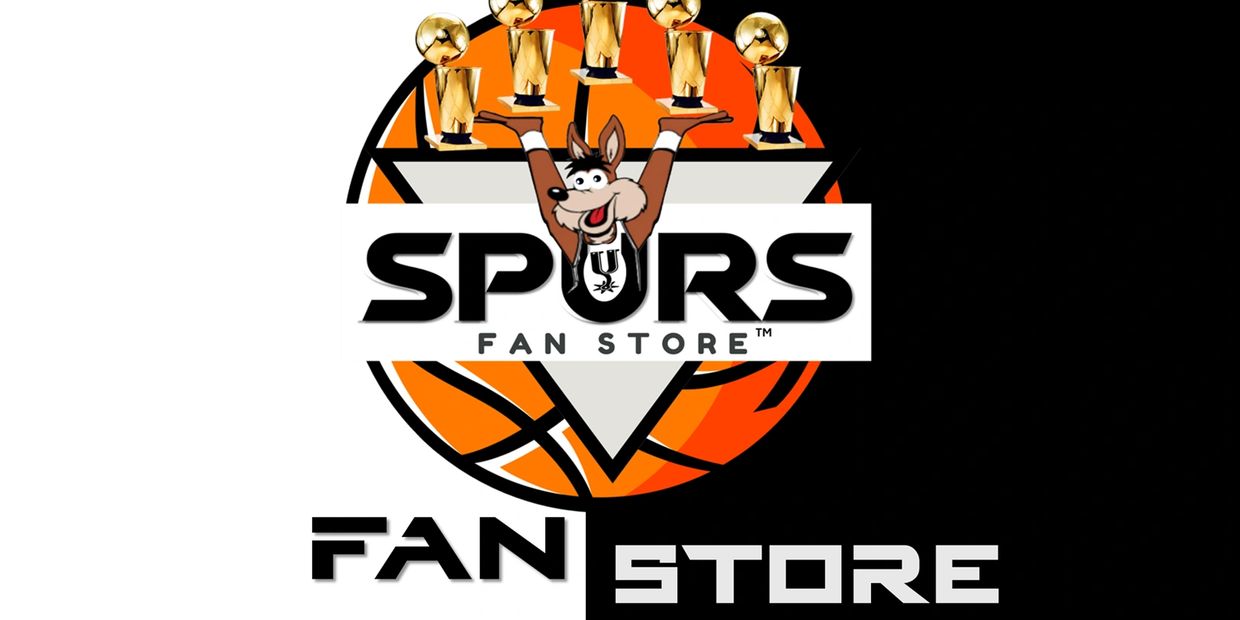 San Antonio Spurs fan store logo with mascot and six NBA championship trophies.