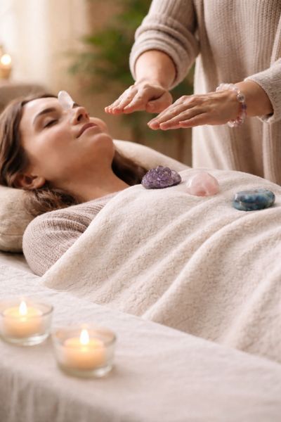 Woman receiving crystal healing therapy with candles lit nearby.