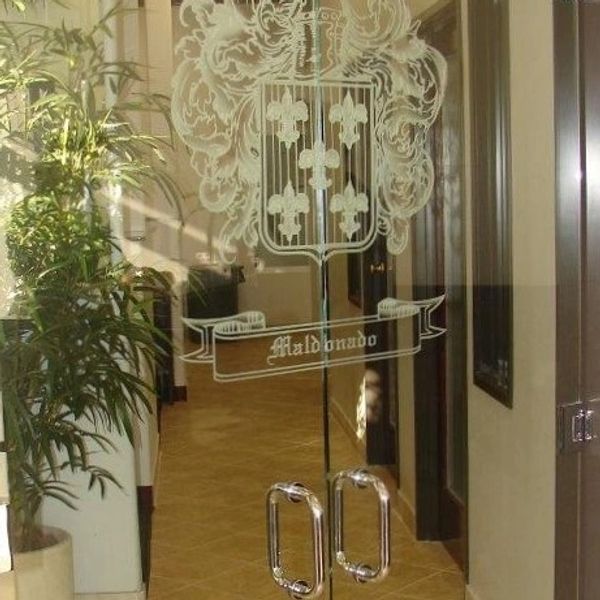 etched Office door with custom logo.