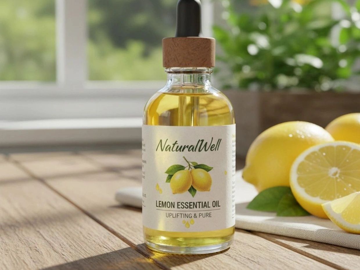 Bottle of lemon essential oil on wooden table with fresh lemons.