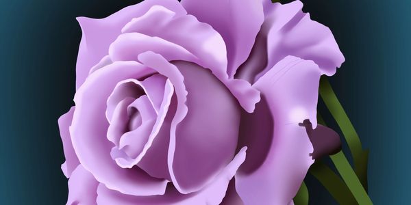 A detailed digital painting of a lavender rose with green stem and leaves.