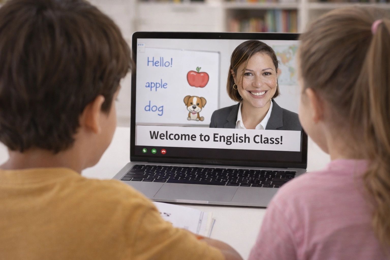 Dos niños tomando clases de inglés virtuales con la foto de Jen Anastasopulos dando la clase