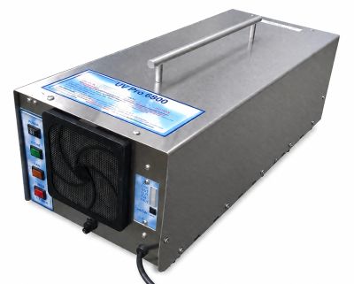 Rectangular metal electronic device with fan and controls.