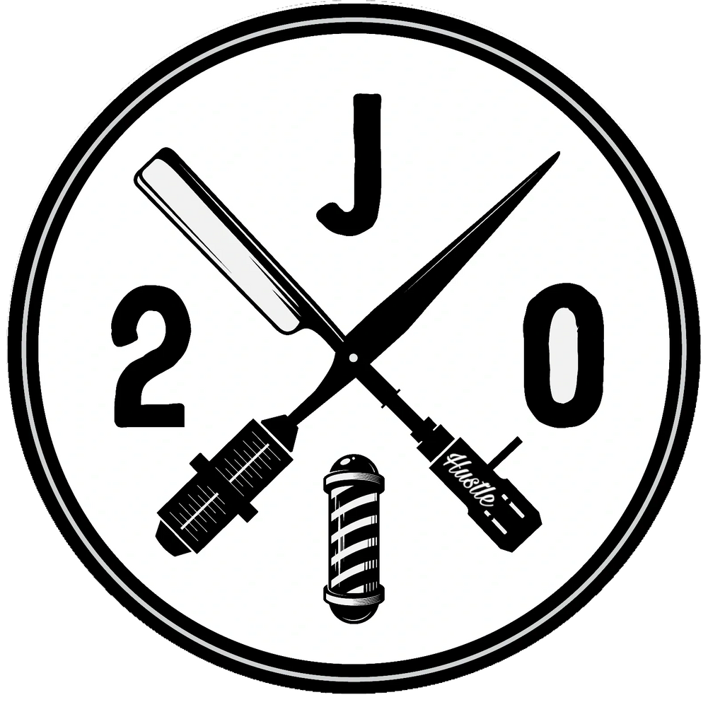 Barber-themed logo with scissors, razor, and barber pole in a circular design.