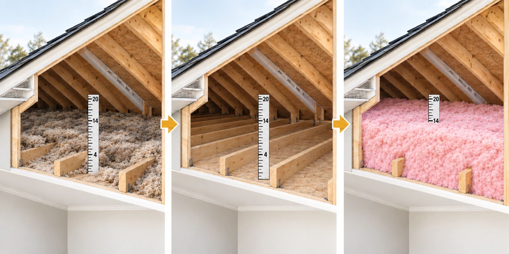 Attic replacement illustration: removal and new fiberglass. Insulation Magic, Charlotte NC.