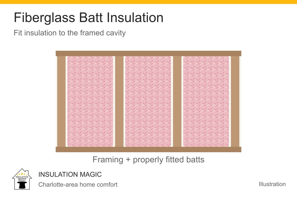 Fiberglass batts fitted between framing; illustration by Insulation Magic, Charlotte, NC.