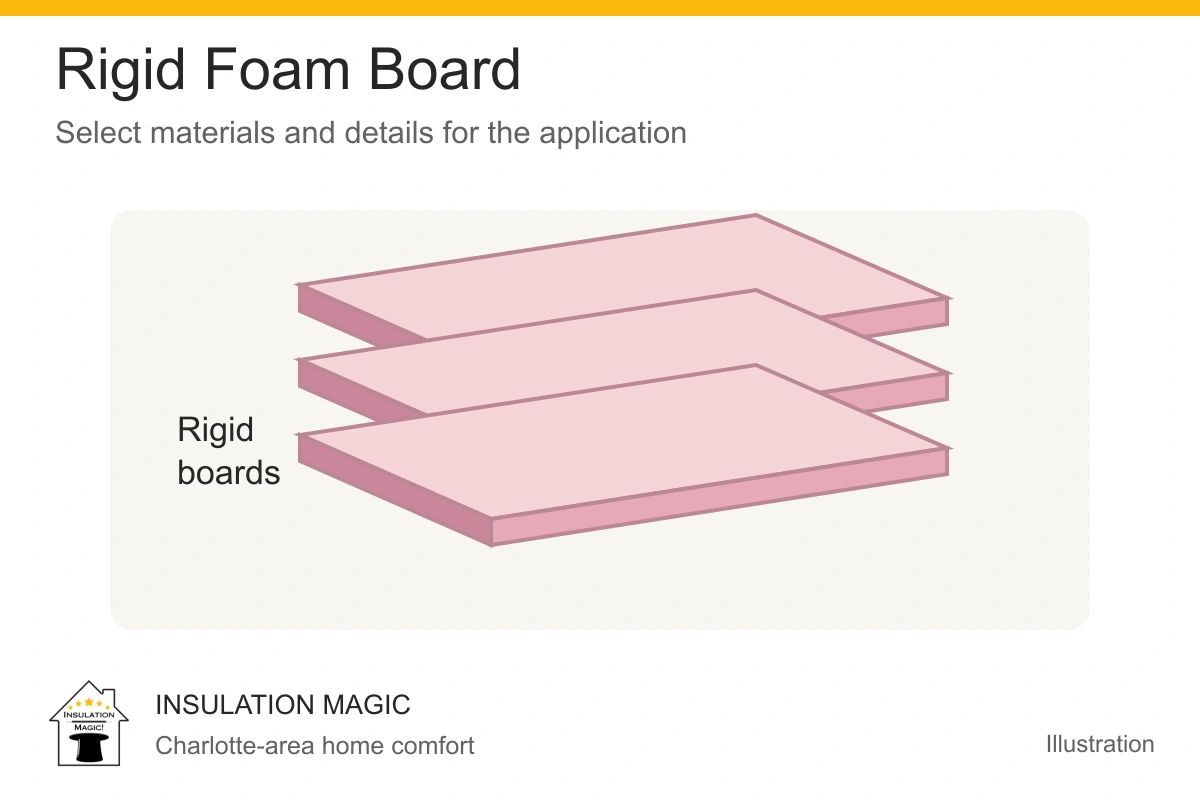 Rigid foam insulation boards shown as a targeted layer; Insulation Magic, Charlotte, NC.