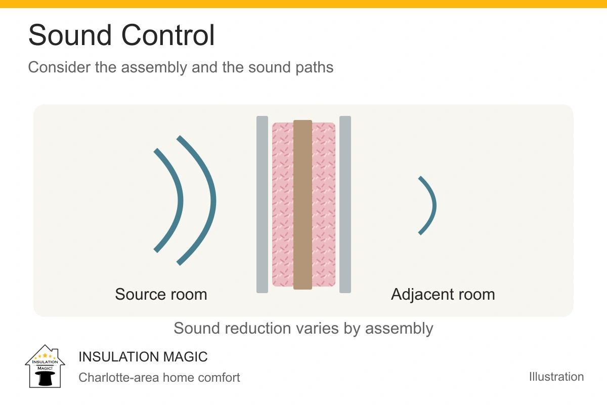 Sound-control illustration of an insulated wall assembly; Insulation Magic, Charlotte, NC.