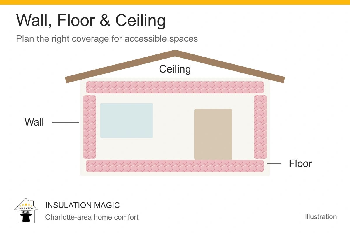 Wall, floor and ceiling insulation diagram; Insulation Magic, serving Charlotte, NC.