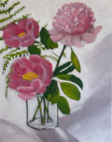Peony triplet Floral painting of glass vase of flowers