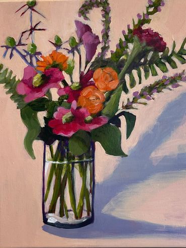Garden of July Flowers 11 x 14, Floral painting of glass vase of flowers