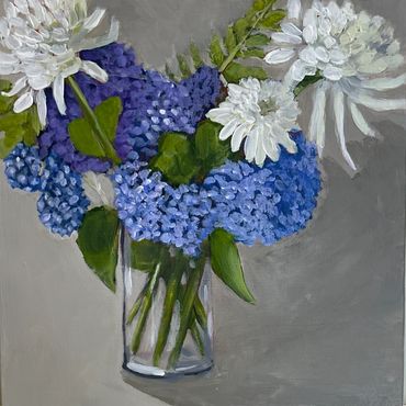 Blue Hydrangea painting with white mums-Floral painting of glass vase of flowers