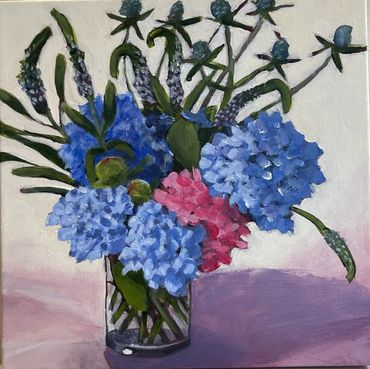 hydrangea and thistle Floral painting of glass vase of flowers