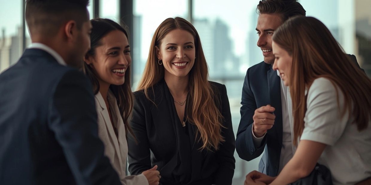 A group of young professionals smiling and chatting in a modern office.
