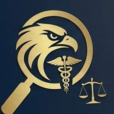Gold eagle, medical symbol, and justice scales inside a magnifying glass.