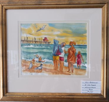 BILL ANDERSON ORIGINAL WATERCOLOR AT THE BEACH ON DISPLAY HUNTINGTON BEACH MAILBOX EXPRESS