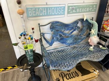 MERMAID BENCH EVERGREEN MERMAID METAL GARDEN BENCH COASTAL OUTDOOR GIFT SHOP HUNTINGTON BEACH