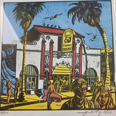 GOLDEN BEAR HUNTINGTON BEACH NEWLAND CENTER BILL ANDERSON PAINTER ARTIST LINOLEUM BLOCK