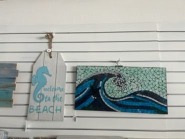 BEAUTIFUL MOSAIC WAVE WALL DECOR TAG SIGN COASTAL WALL DECOR HUNTINGTON BEACH GIFT SHOP GIFT SHOP